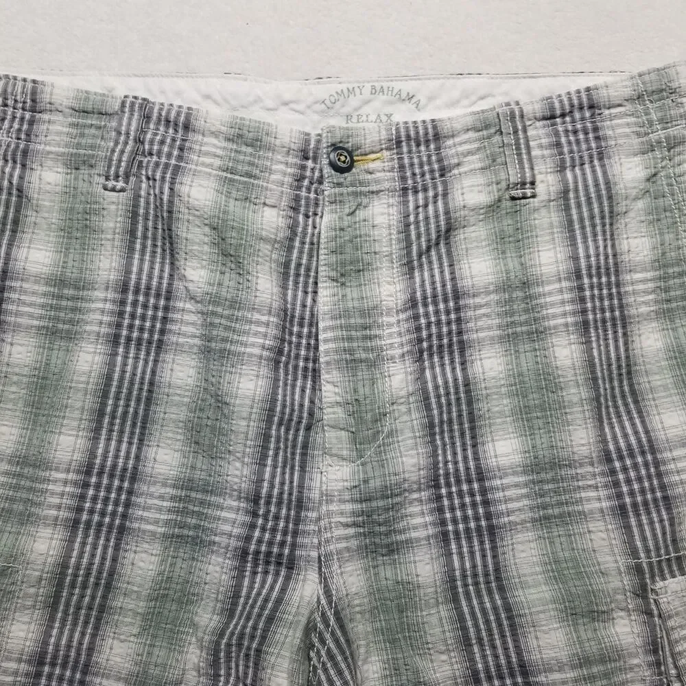 Tommy Bahama Mens 38 Shorts Blue Plaid Seersucker Cargo Beach Relax Resort 11.5